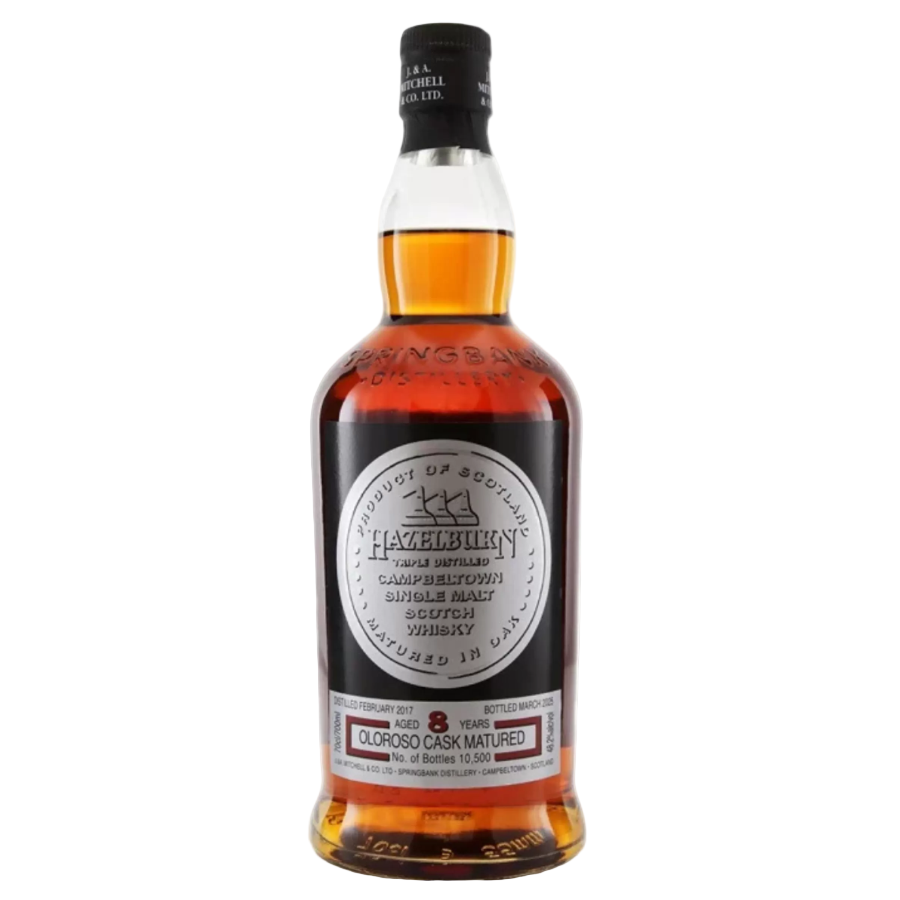 Hazelburn 8 Year Old Sherry Wood 2025 Edition bottle with a black label on a white background