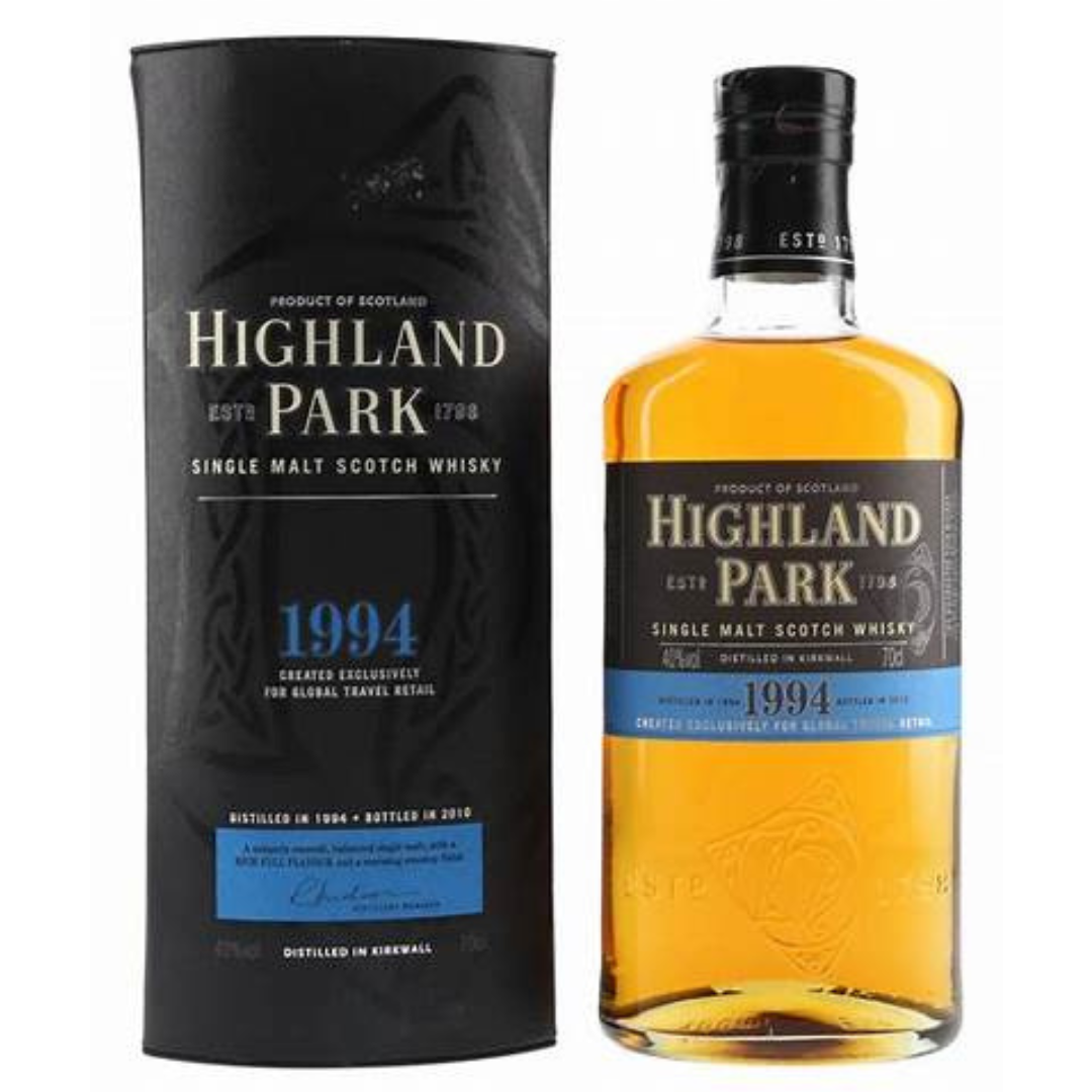 A bottle of Highland Park 1994 Single Malt Scotch Whisky, showing the label and bottle in front of its packaging box.