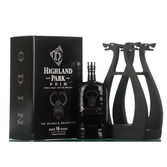 Highland Park Odin whisky bottle with packaging and decorative stands on a white background