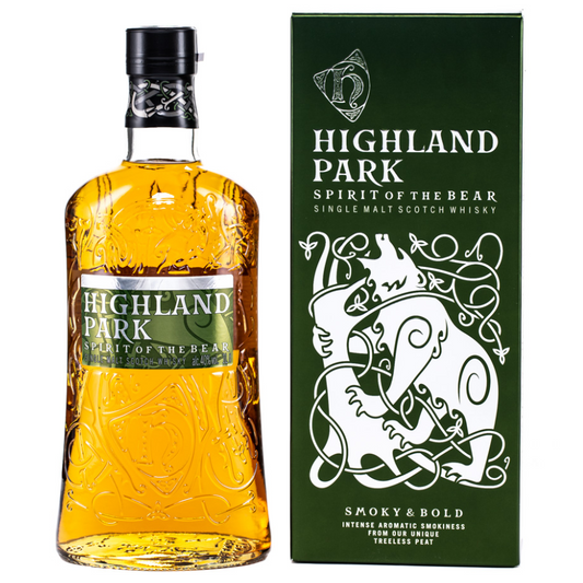Highland Park whisky bottle and packaging on a white background