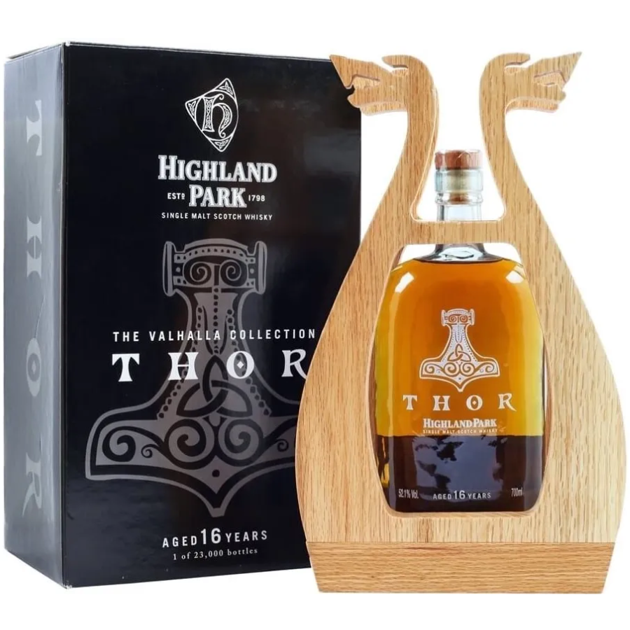 Highland Park Thor Valhalla Collection Single Malt Scotch Whisky bottle and presentation box
