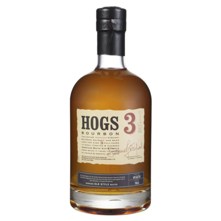 Bottle of Hogs 3 Bourbon on a white background