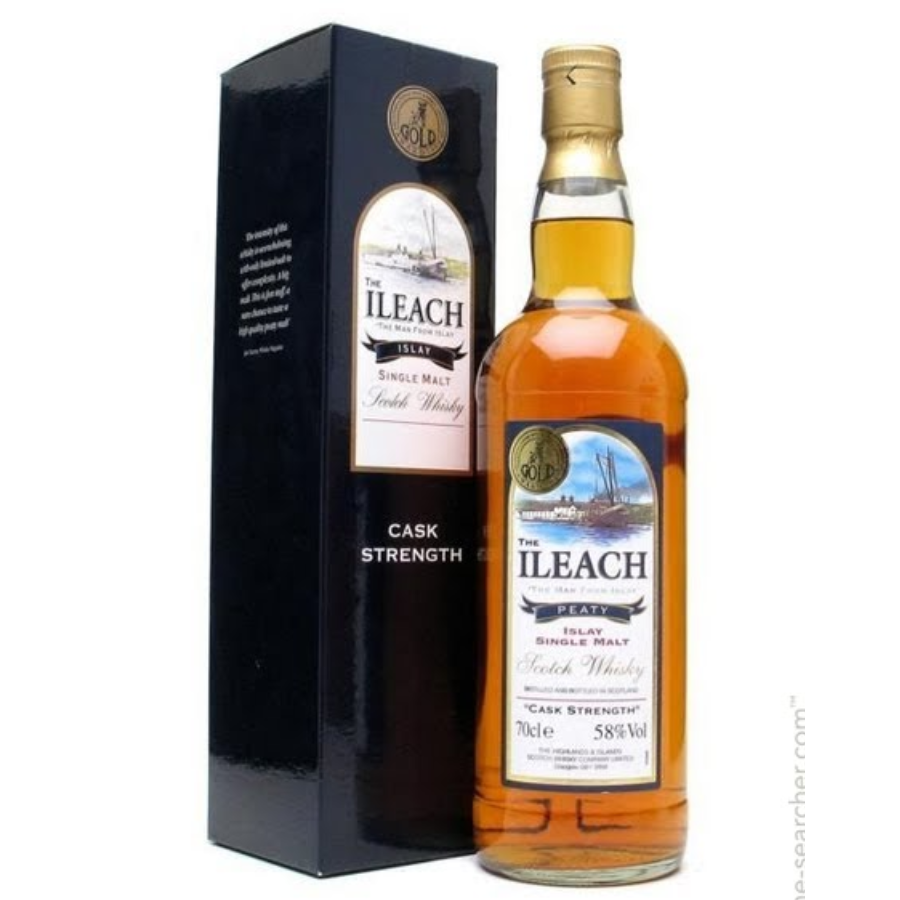 Bottle and box of Ileach Irish Whiskey on a white background