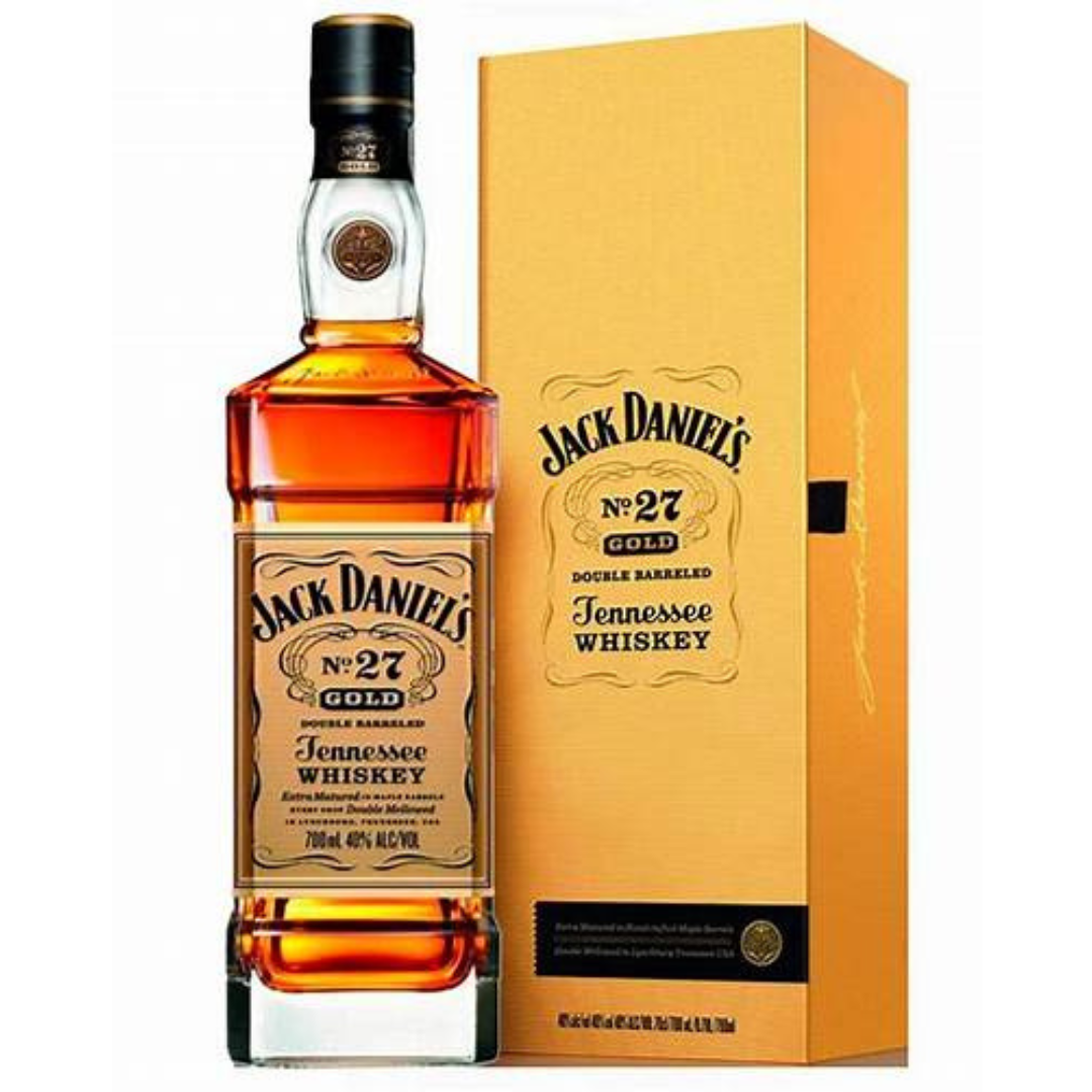 Jack Daniel's no27 Gold whiskey bottle and box in the white background.