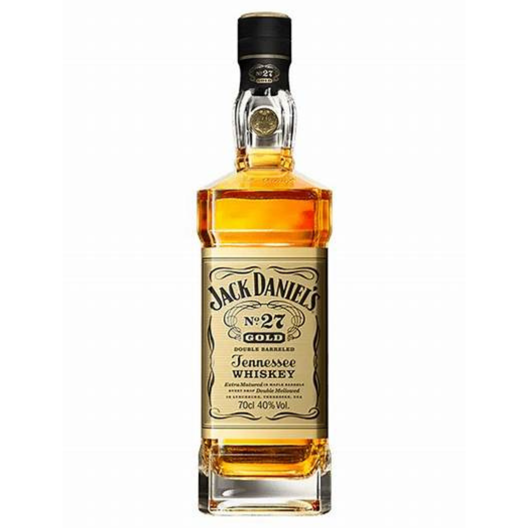 A bottle of Jack Daniel's No.27 Gold Tennessee Whiskey with a clear label and cap, set against a plain background.