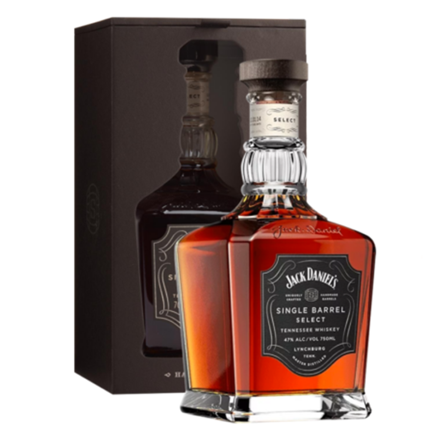 Jack Daniels Single barrel whiskey bottle and a package in a white background