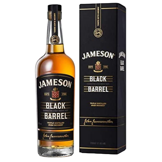 Jameson Black Barrel whiskey bottle and packaging on a white background