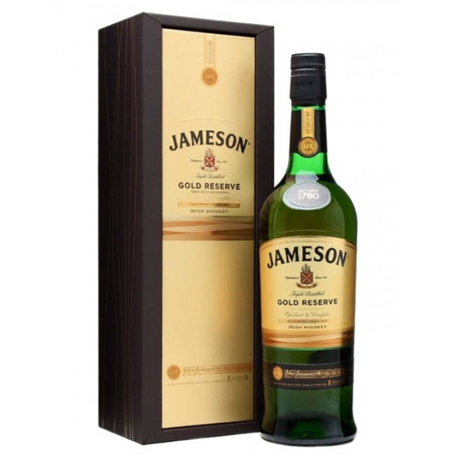 Jameson Gold Reserve whiskey bottle and box on a white background