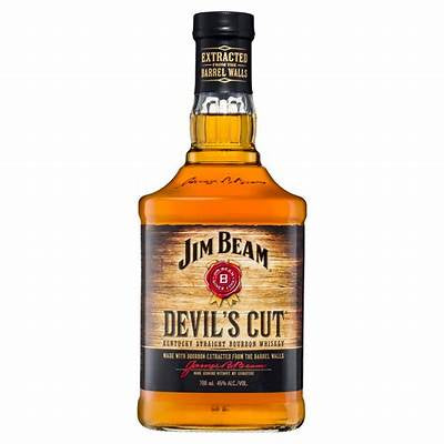 A bottle of Jim Beam Devils Cut bourbon whiskey with a label showing the brand and the product name, against a plain background.