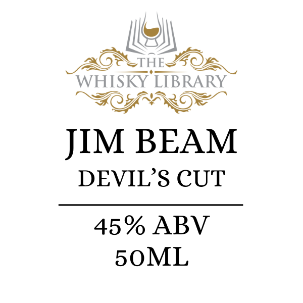 Jim Beam Devil's Cut whisky label with 'The Whisky Library' branding on a white background.