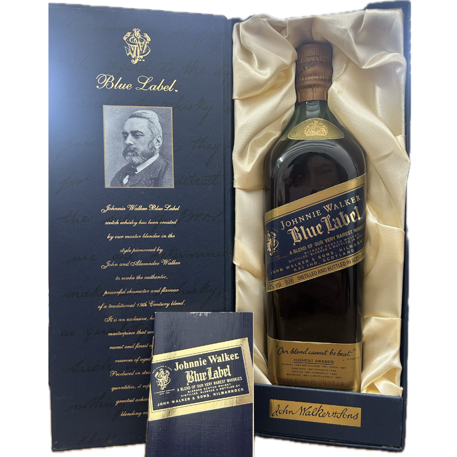 Johnnie Walker Blue Label bottle in a decorative box with a portrait on the packaging.