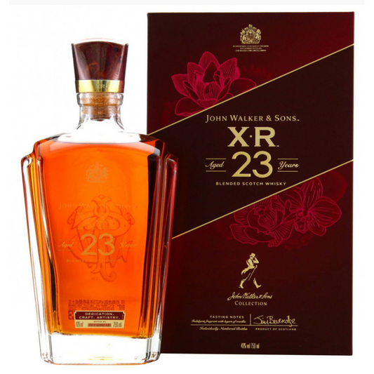 Johnnie Walker XR 23 Year Blended Scotch Whisky bottle and packaging on a white background