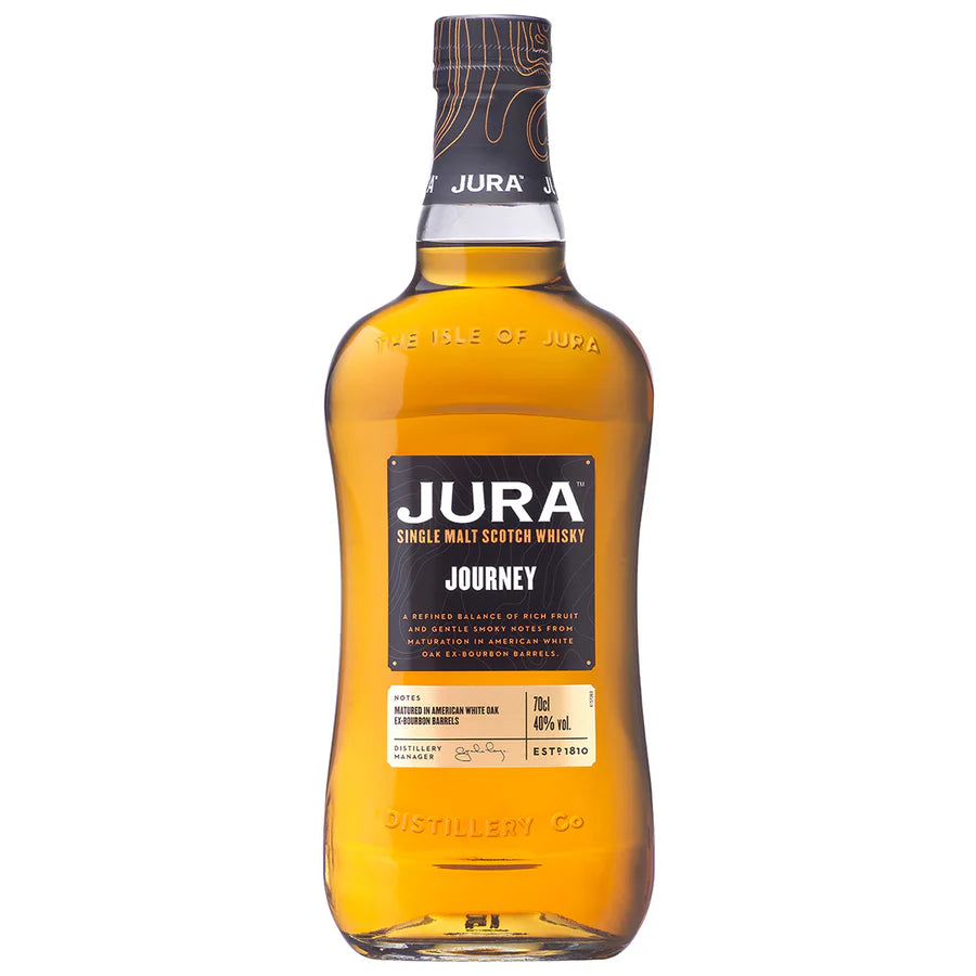 A bottle of Jura Journey single malt Scotch whisky with a label showing the brand and product name, along with some descriptive text.