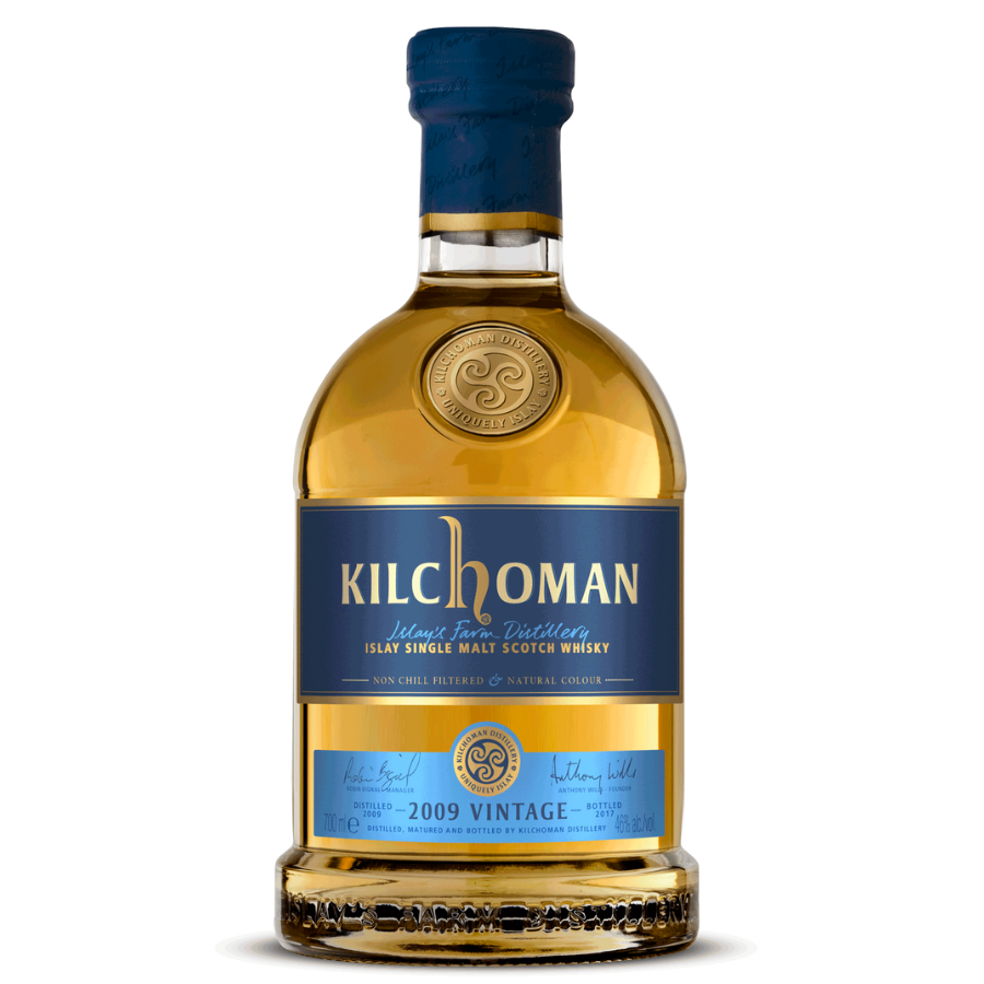 Kilchoman 2009 vintage whisky bottle on a white background