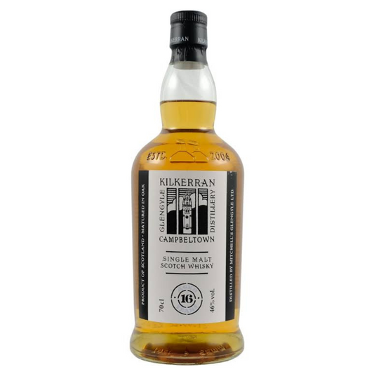 A bottle of Kilkerran 16 Year Old 2022 single malt Scotch whisky with a visible label showing the brand and vintage.
