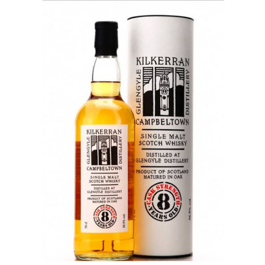 A bottle of Kilkerran 8 Year Old single malt Scotch whisky, with its packaging, displaying the brand and whisky details.
