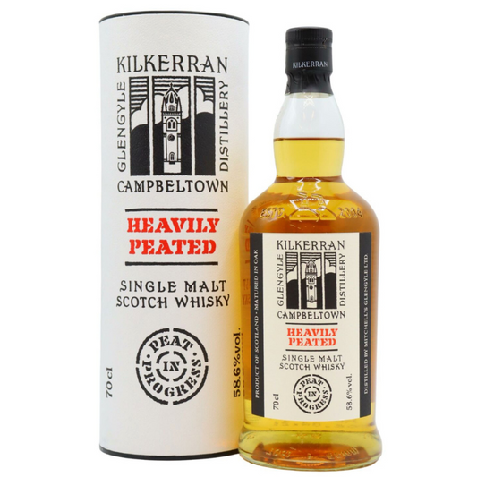 Kilkerran Heavily Peated Single Malt Scotch Whisky bottle and packaging on a white background
