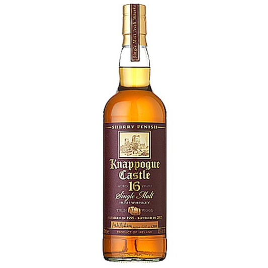Knappogue Castle 16-year-old single malt whiskey bottle on a white background