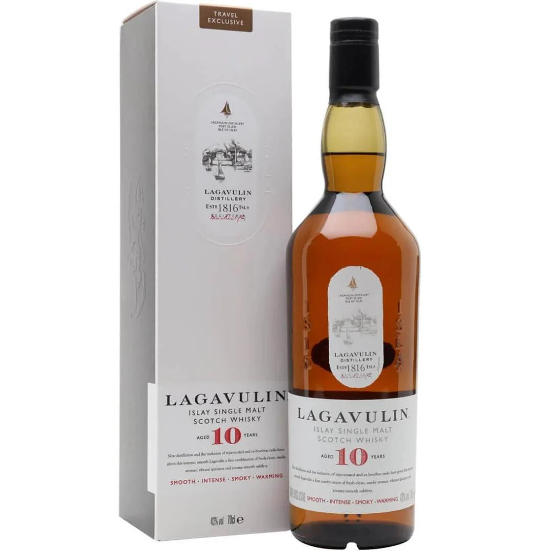 A bottle of Lagavulin 10 year old whisky with its packaging box.