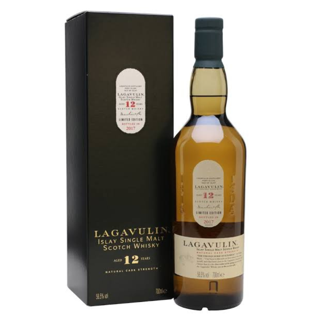 A bottle of Lagavulin 12 Year Old 2017 Limited Edition single malt Scotch whisky, with the label visible, presented next to its black packaging box.