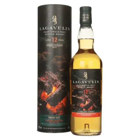 Lagavulin whisky 12yo 2024 Release bottle and packaging on a white background