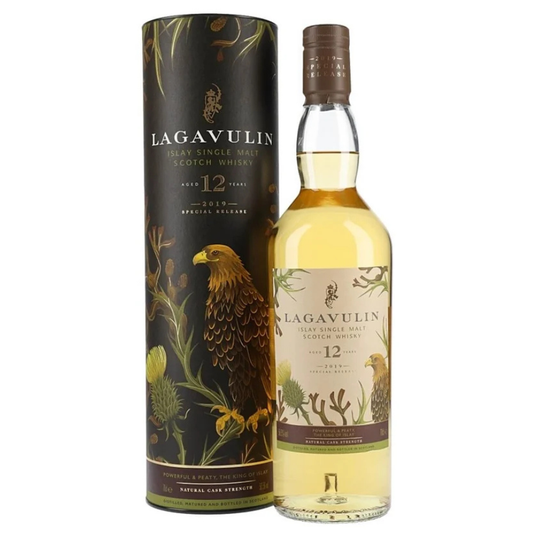 Lagavulin 12-year-old diageo whisky bottle and packaging on a white background