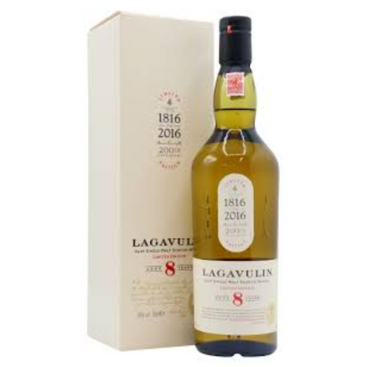 Lagavulin 8 Year Old 200th Anniversary 2016 bottle and box on a white background
