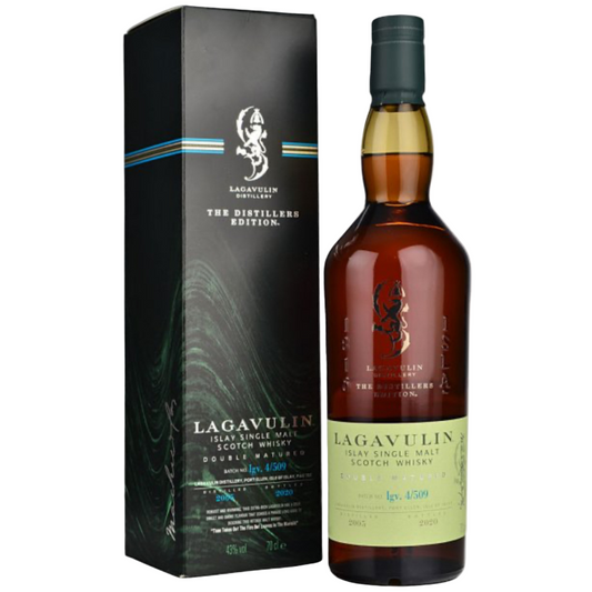 Lagavulin whisky bottle and packaging on a white background