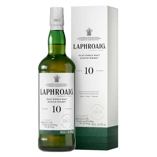 Laphroaig 10 Year Old Cask Strength Batch 17 with box on a white background