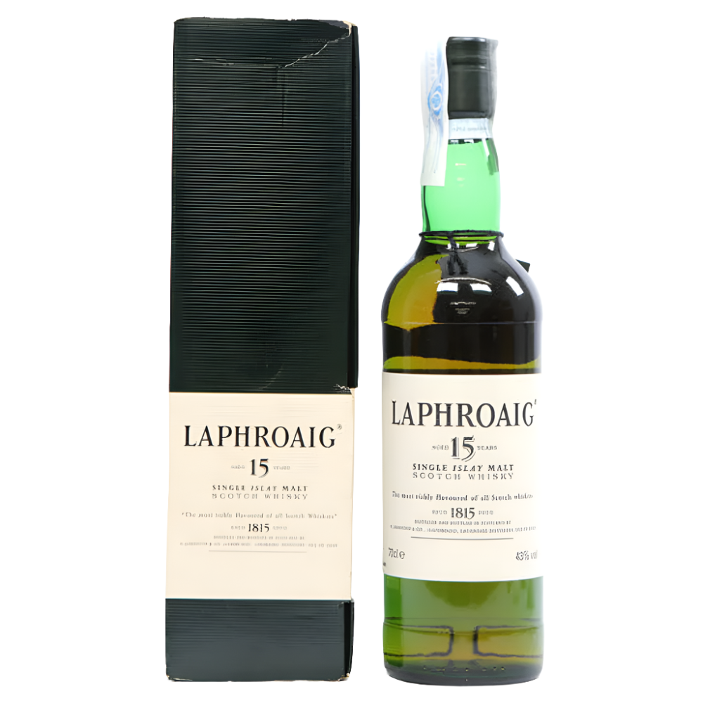Laphroaig 15yo Single Malt Bottle-box in the white background.