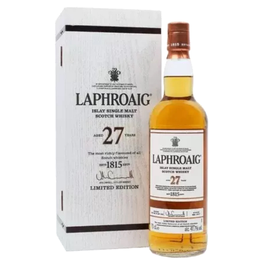 Laphroaig 27-year-old single malt Scotch whisky bottle and box on a white background
