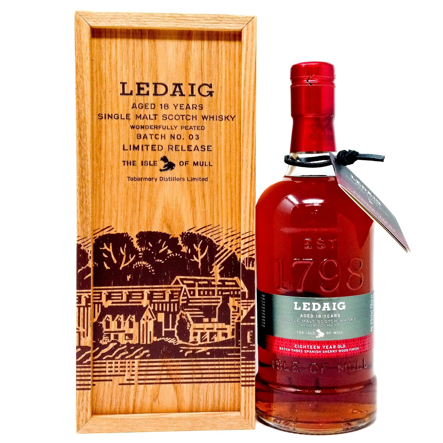 Ledaig 18 Years Whisky Bottle and Box in the white background.