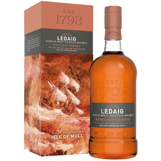 Ledaig Rioja Cask bottle and box in the white background.