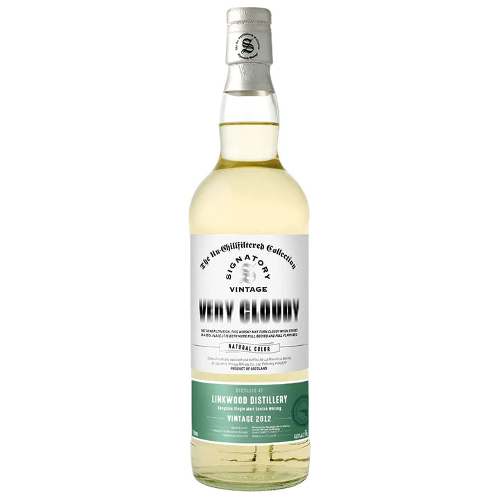 A bottle of Signatory Linkwood 8 Year Old Very Cloudy single malt Scotch whisky with a white and green label, showcasing the distillery's details and the vintage year.