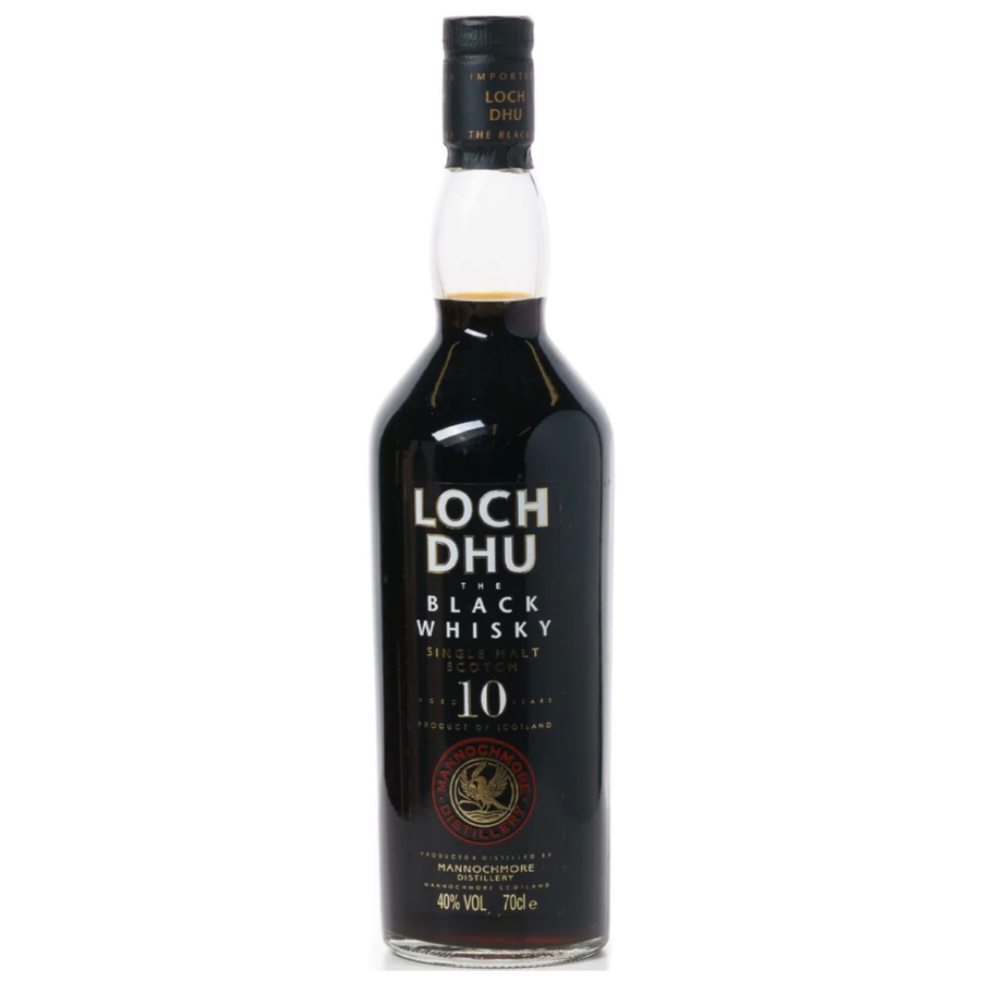 Bottle of Loch Dhu 10-year-old black whisky on a white background