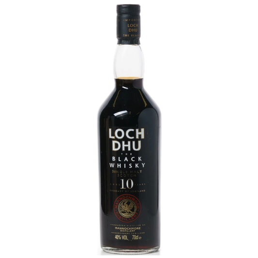 Bottle of Loch Dhu 10-year-old black whisky on a white background
