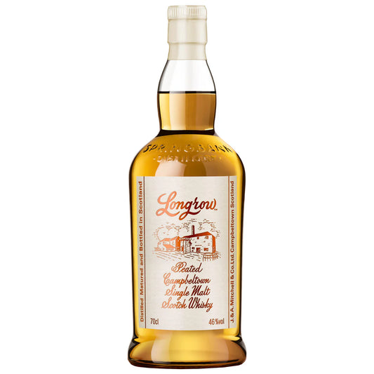 Longrow Peated Whisky bottle in the white background.
