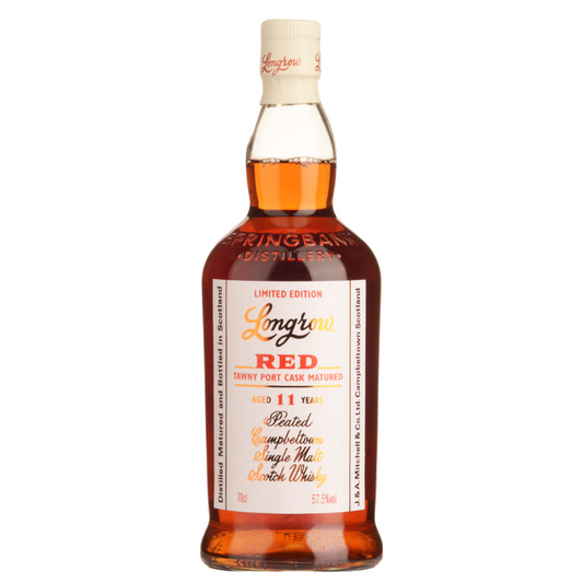 Bottle of Longrow Red whisky on a white background