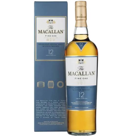 Macallan 12yo fine oak whiskey bottle and box on a white background