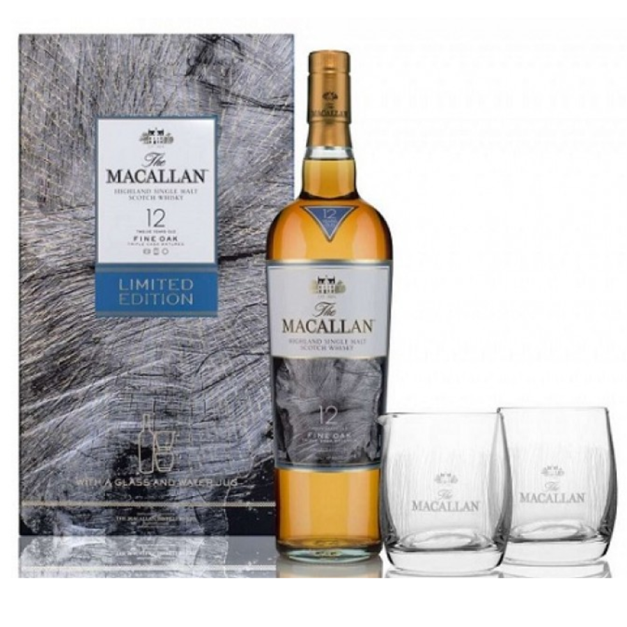 The Macallan whisky bottle with packaging and glasses on a white background
