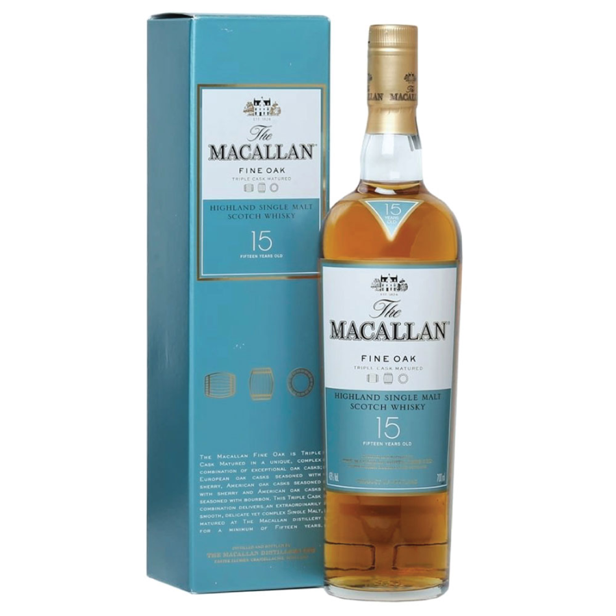 The Macallan 15-year-old whisky bottle and box on a white background