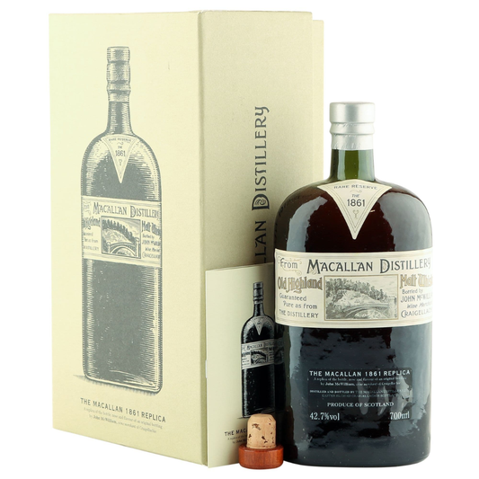 Macallan 1861 replica whisky bottle with packaging on a white background