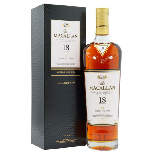 Macallan 18 Year Old Sherry Oak 2020 Release bottle and packaging on a white background