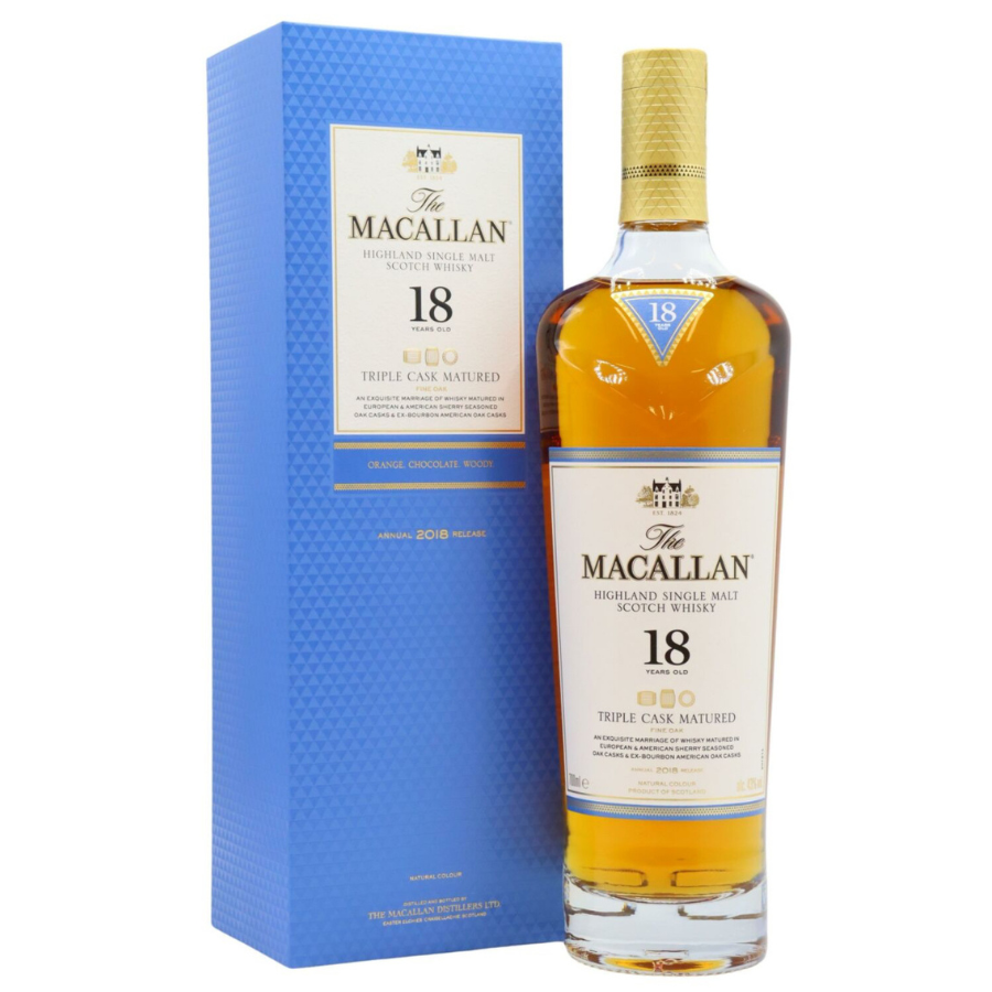 The Macallan 18-year-old whisky bottle and box on a white background