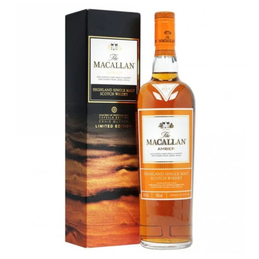The Macallan Amber ernie button whisky bottle and packaging on a white background