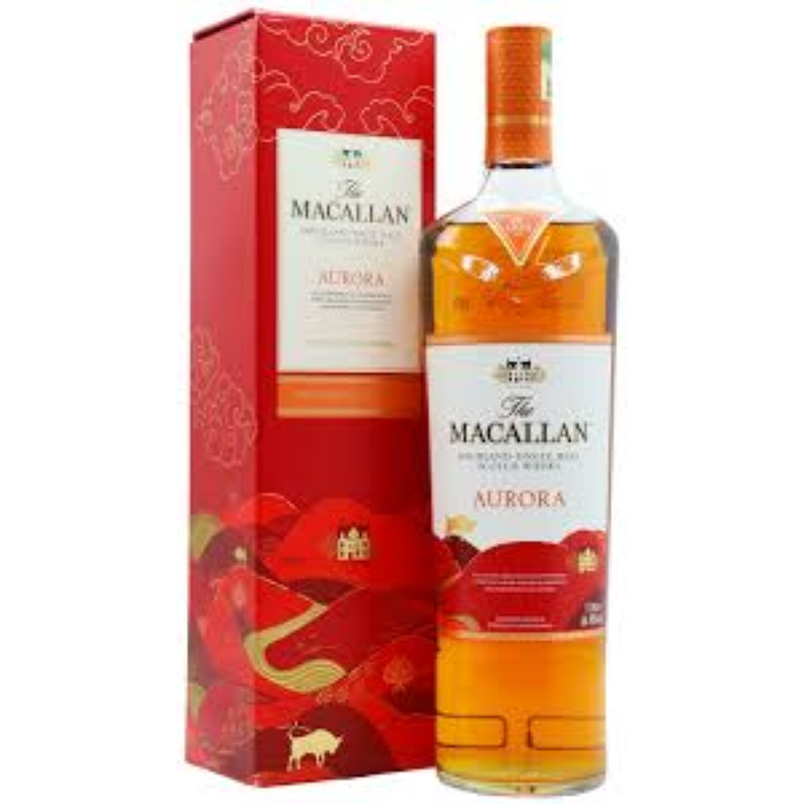 The Macallan Aurora whisky bottle with red packaging on a white background