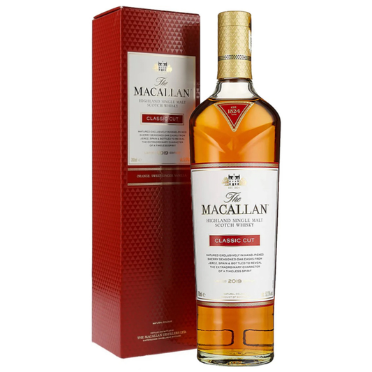 The Macallan classic cut whisky bottle and box on a white background