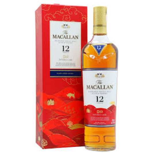 Macallan 12-year-old whisky bottle and box on a white background