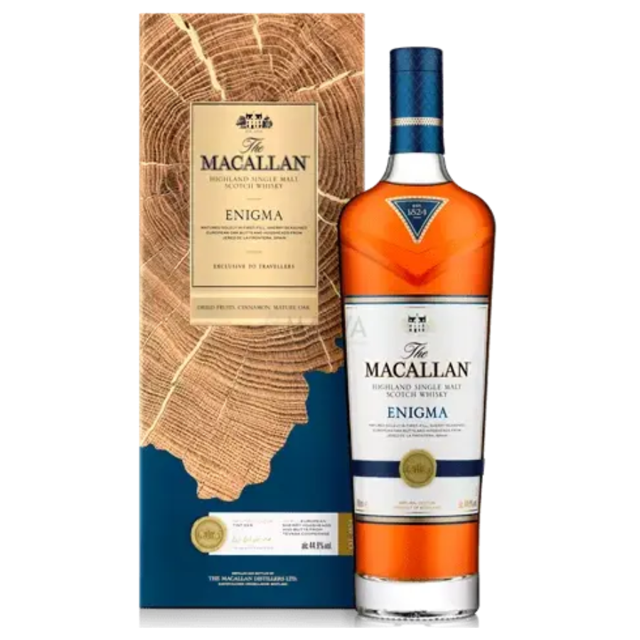 The Macallan Enigma whisky bottle with packaging on a white background