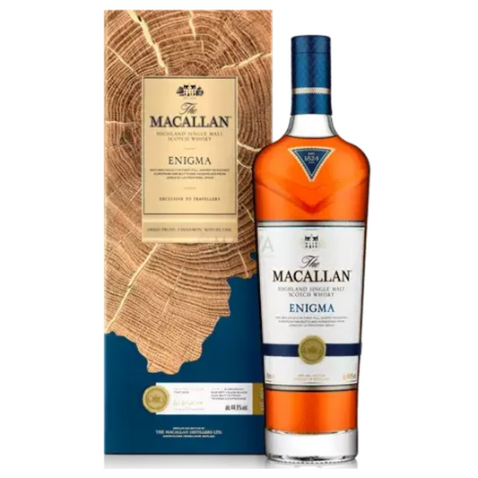 The Macallan Enigma whisky bottle with packaging on a white background